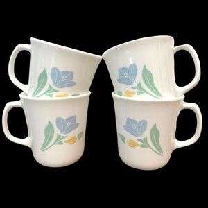 Corning Corelle Set of 4 Tea Coffee Mugs Friendship White with Blue Flower